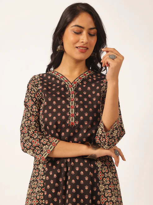 Black Cotton Floral Printed A-Line Kurta Set