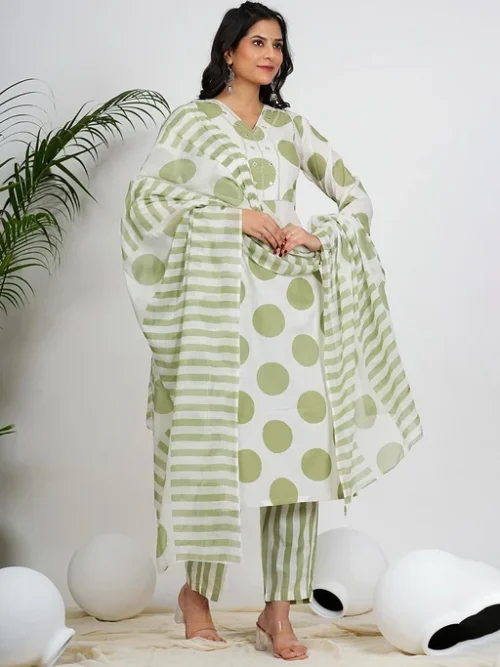 Green Geometric Printed Mirror Work Pure Cotton Kurta With Trousers & Dupatta Green Geometric Printed Mirror Work Pure Cotton Kurta With Trousers & Dupatta