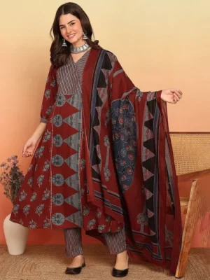 Women Floral Printed Cotton Kurta with Trousers & Dupatta