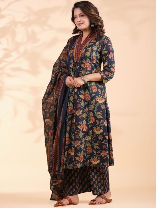 Floral Printed Empire Mirror Work Pure Cotton Kurta With Palazzos & Dupatta Floral Printed Empire Mirror Work Pure Cotton Kurta With Palazzos & Dupatta