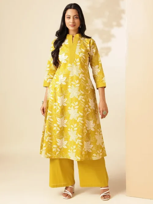 Yellow Women Floral Printed A-Line Cotton Stitched Kurta With Palazzo Sets Yellow Women Floral Printed A-Line Cotton Stitched Kurta With Palazzo Sets