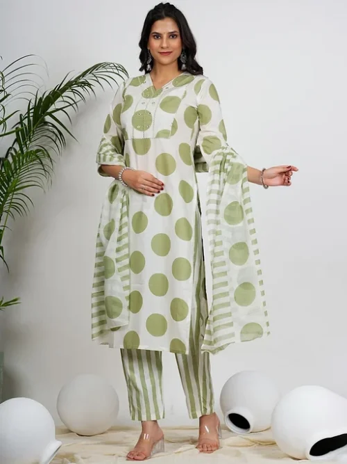Green Geometric Printed Mirror Work Pure Cotton Kurta With Trousers & Dupatta Green Geometric Printed Mirror Work Pure Cotton Kurta With Trousers & Dupatta