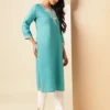 Women Printed Thread Work Floral Kurta Women Printed Thread Work Floral Kurta