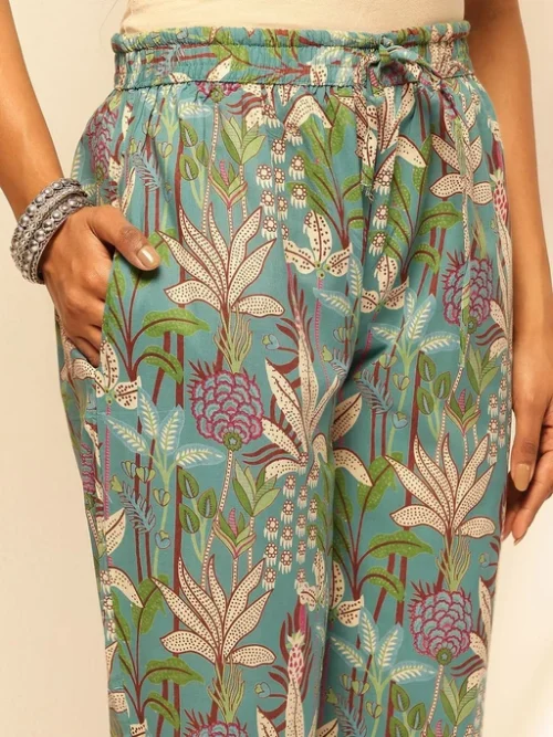 Floral Printed Thread Work Pure Cotton A-Line Kurta with Trouser