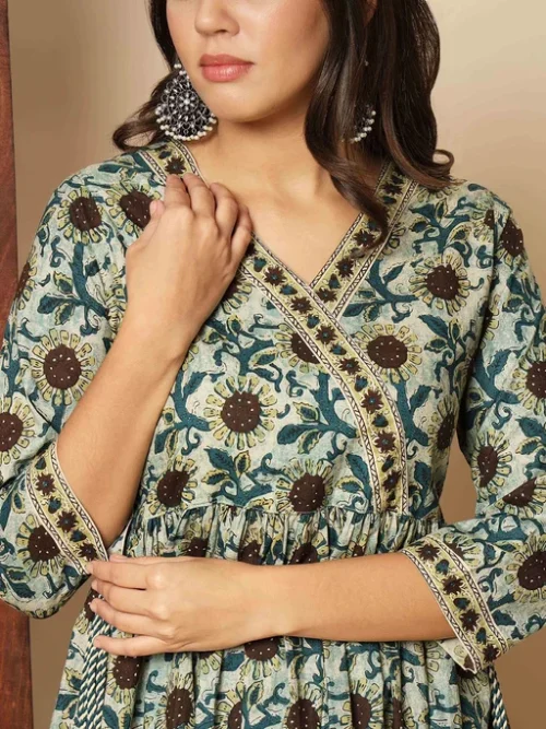 Floral Printed V-Neck Anarkali Kurta With Trousers & Dupatta