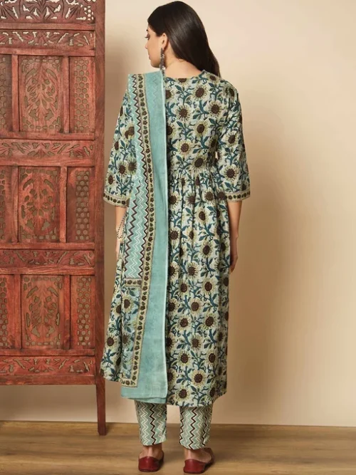 Floral Printed V-Neck Anarkali Kurta With Trousers & Dupatta