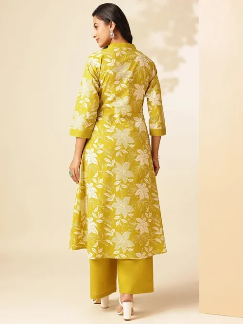 Yellow Women Floral Printed A-Line Cotton Stitched Kurta With Palazzo Sets Yellow Women Floral Printed A-Line Cotton Stitched Kurta With Palazzo Sets