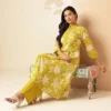 Yellow Women Floral Printed A-Line Cotton Stitched Kurta With Palazzo Sets Yellow Women Floral Printed A-Line Cotton Stitched Kurta With Palazzo Sets
