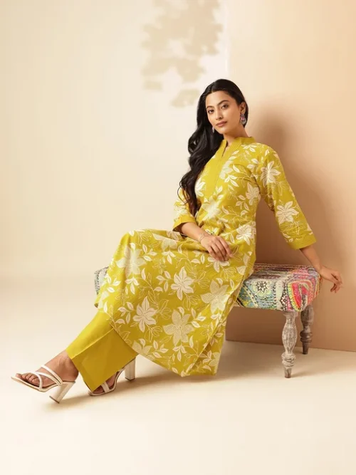 Yellow Women Floral Printed A-Line Cotton Stitched Kurta With Palazzo Sets Yellow Women Floral Printed A-Line Cotton Stitched Kurta With Palazzo Sets