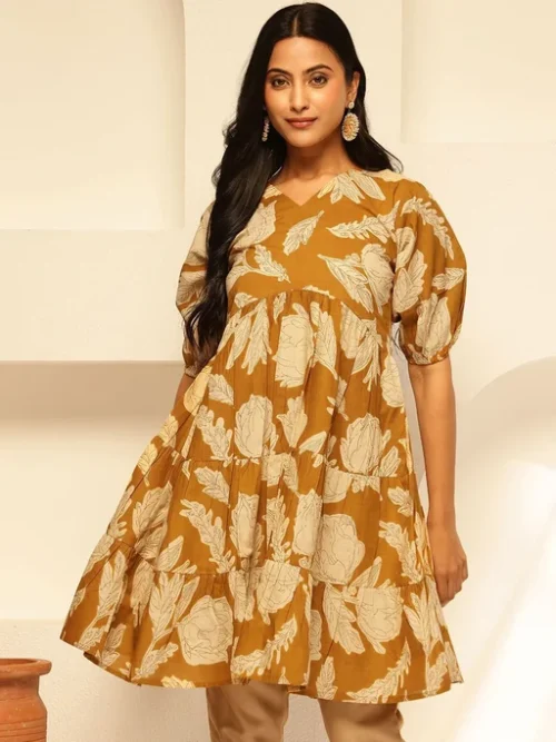 Yellow Women Floral Printed Cotton Tiered Top Yellow Women Floral Printed Cotton Tiered Top