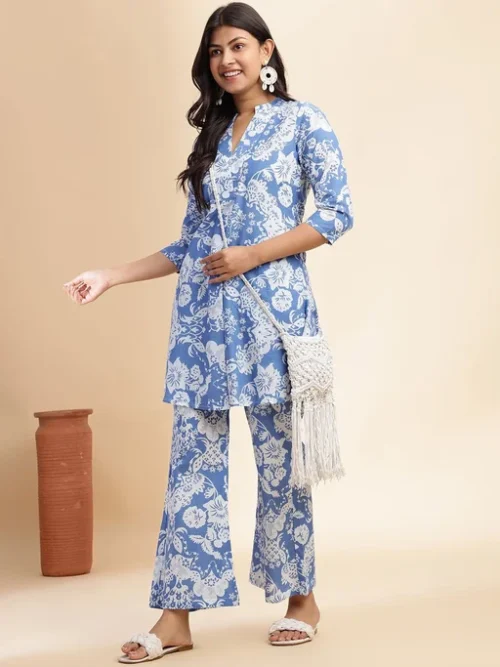 Floral Printed Mandarin Collar Neck Pure Cotton Tunic With Palazzos Floral Printed Mandarin Collar Neck Pure Cotton Tunic With Palazzos