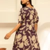 Purple Women Floral Printed Puff Sleeves Cotton Empire Dress