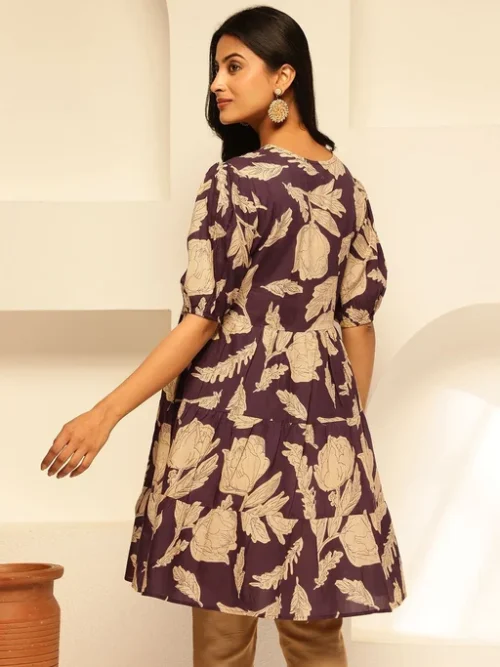 Purple Women Floral Printed Puff Sleeves Cotton Empire Dress
