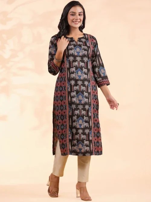 Ethnic Motifs Printed Sequinned Cotton Straight Kurta