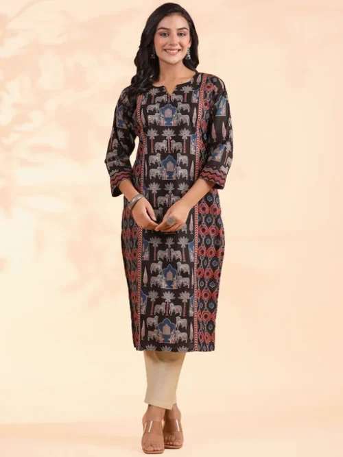 Ethnic Motifs Printed Sequinned Cotton Straight Kurta