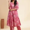 Pink Women Floral Printed A-Line Pure Cotton Kurta with Trousers