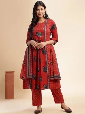 Red Ethnic Motifs Printed Pleated Pure Cotton A-Line Kurta With Trouser And Dupatta