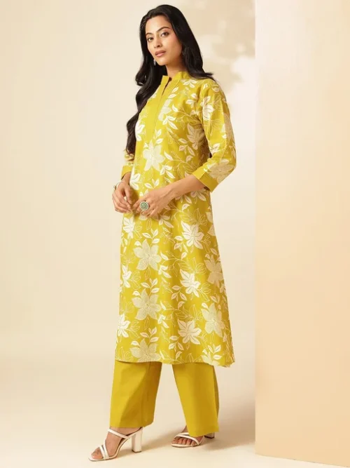 Yellow Women Floral Printed A-Line Cotton Stitched Kurta With Palazzo Sets Yellow Women Floral Printed A-Line Cotton Stitched Kurta With Palazzo Sets