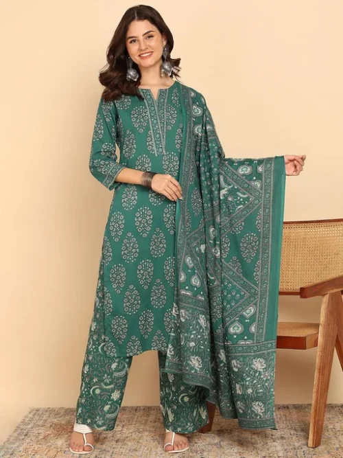 Women Floral Printed Cotton Kurta with Palazzo & Dupatta Women Floral Printed Cotton Kurta with Palazzo & Dupatta