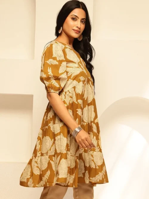 Yellow Women Floral Printed Cotton Tiered Top Yellow Women Floral Printed Cotton Tiered Top