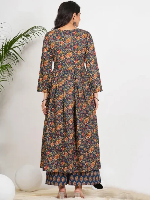Blue Floral Printed Empire Pure Cotton Anarkali Kurta With Palazzos & Dupatta Blue Floral Printed Empire Pure Cotton Anarkali Kurta With Palazzos & Dupatta