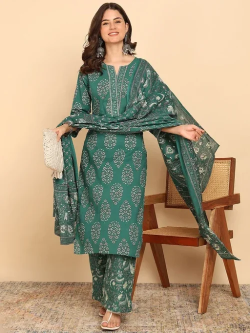 Women Floral Printed Cotton Kurta with Palazzo & Dupatta Women Floral Printed Cotton Kurta with Palazzo & Dupatta