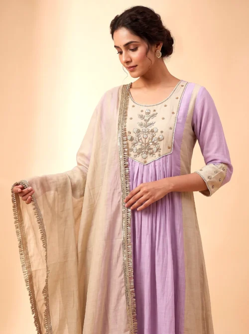 Premium Purple Mal Chanderi Anarkali Suit Set with Handwork & Gota Patti