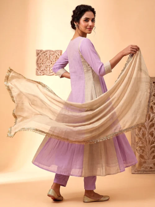 Premium Purple Mal Chanderi Anarkali Suit Set with Handwork & Gota Patti