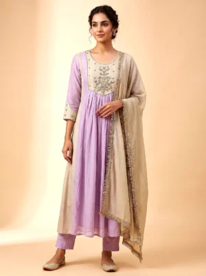 Premium Purple Mal Chanderi Anarkali Suit Set with Handwork & Gota Patti