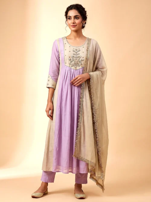 Premium Purple Mal Chanderi Anarkali Suit Set with Handwork & Gota Patti