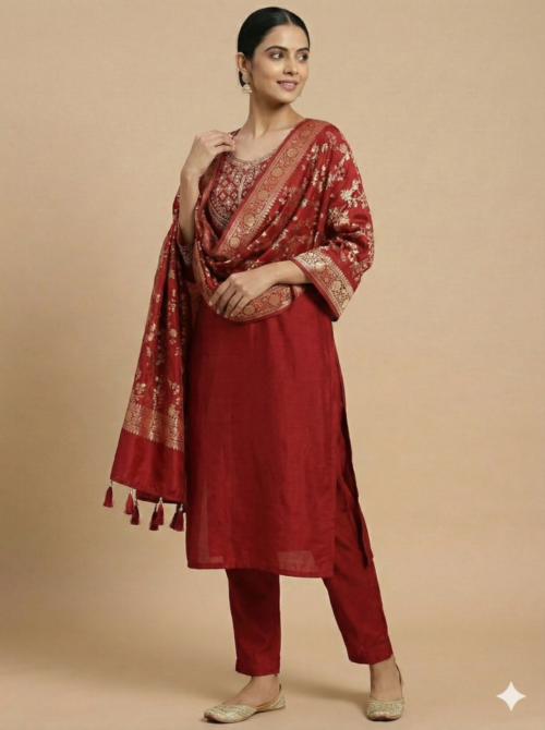 Elegant Embroidery Red Kurta with Pant and Banarasi Dupatta