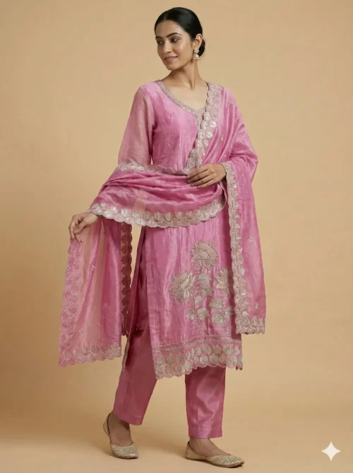 Elegant Embroidery Pink Kurta with Pant and Banarasi Dupatta