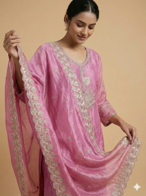 Elegant Embroidery Pink Kurta with Pant and Banarasi Dupatta