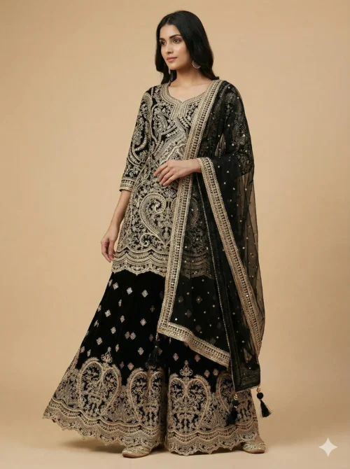 Beautiful Embroidery Work Kurta with Heavy Sharara and Dupatta