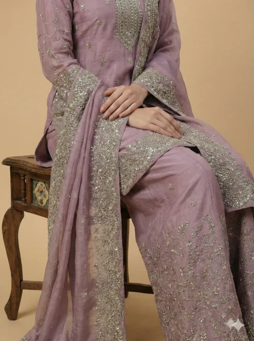 Beautiful Zardosi Work Kurta with Heavy Sharara and Jaal Dupatta