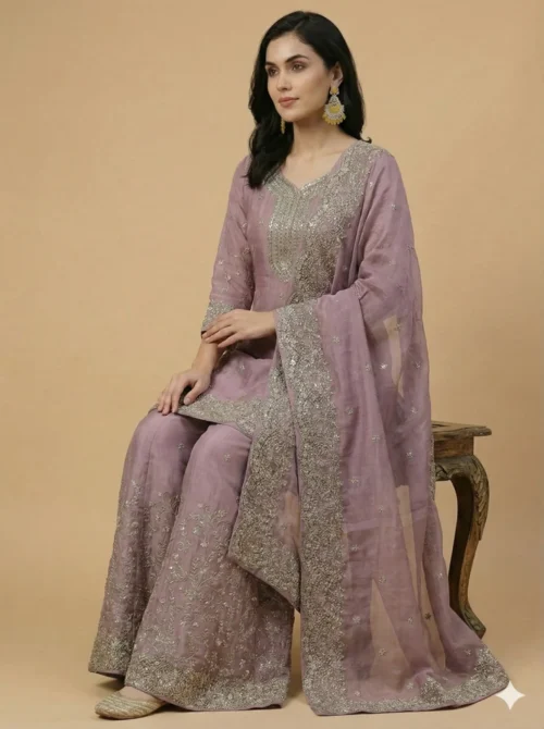 Beautiful Zardosi Work Kurta with Heavy Sharara and Jaal Dupatta