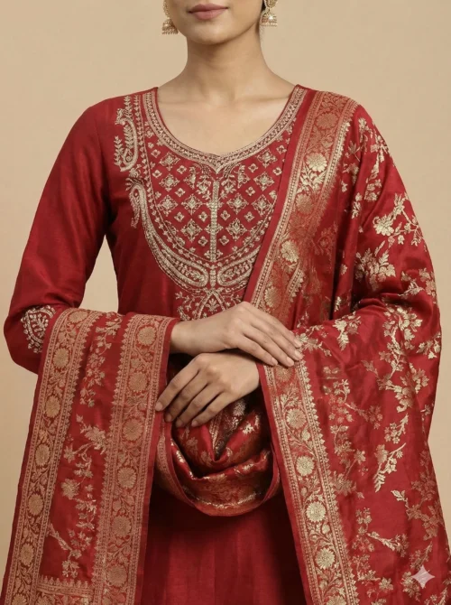 Elegant Embroidery Red Kurta with Pant and Banarasi Dupatta