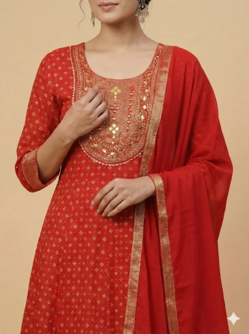 Trendy Red Color Mirror Work Kurta with Pant and Dupatta