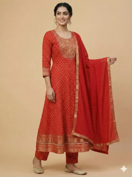Trendy Red Color Mirror Work Kurta with Pant and Dupatta