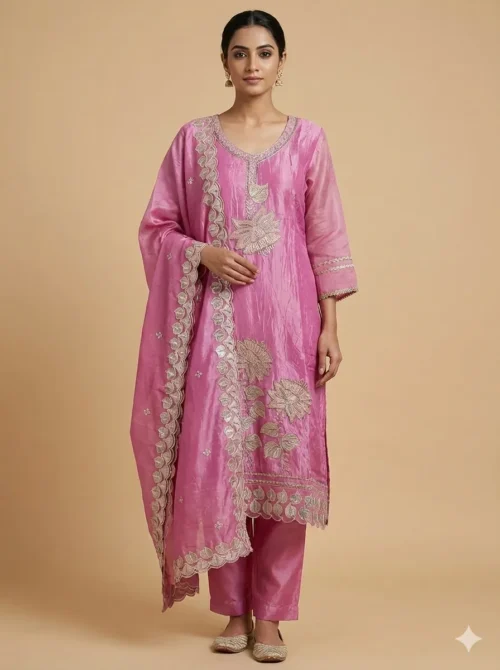 Elegant Embroidery Pink Kurta with Pant and Banarasi Dupatta