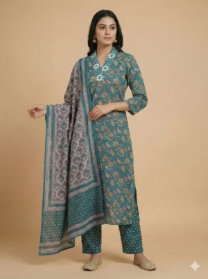 Awesome Turquoise Floral Printed Kurta with Pant and Dupatta