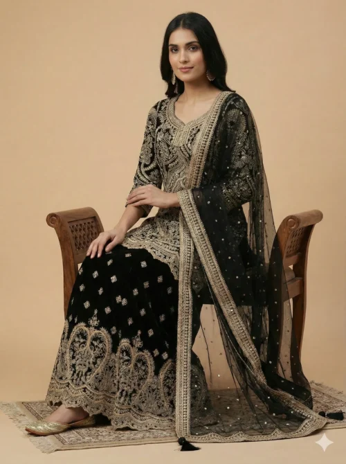 Beautiful Embroidery Work Kurta with Heavy Sharara and Dupatta
