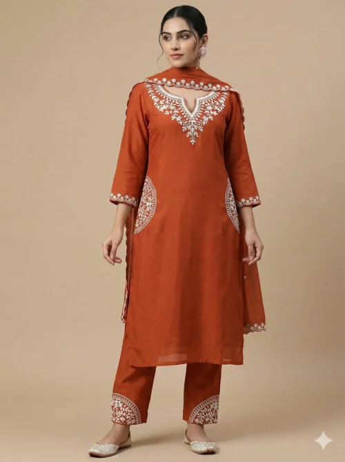 Trendy Mul Chanderi Straight Kurta with Pant and Dupatta