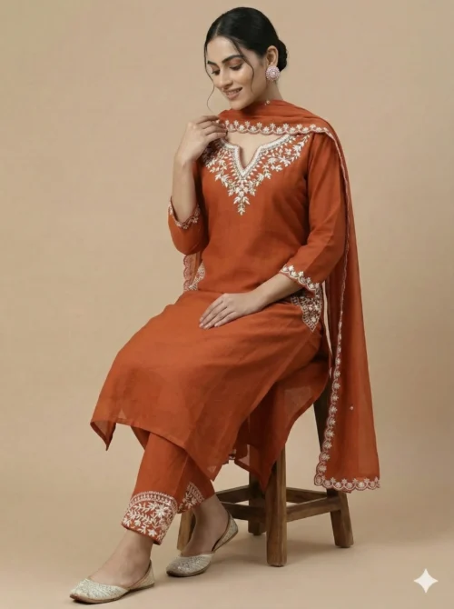 Trendy Mul Chanderi Straight Kurta with Pant and Dupatta