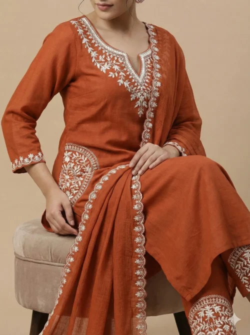 Trendy Mul Chanderi Straight Kurta with Pant and Dupatta
