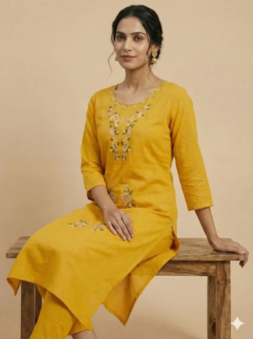 Yellow Embroidered Single Kurta