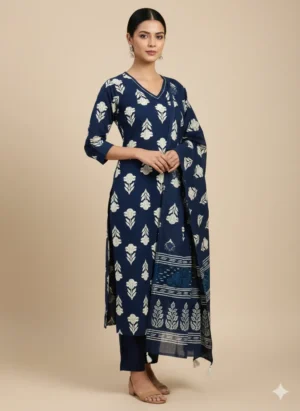 Blue Print Work Straight Trendy Kurta with Pant