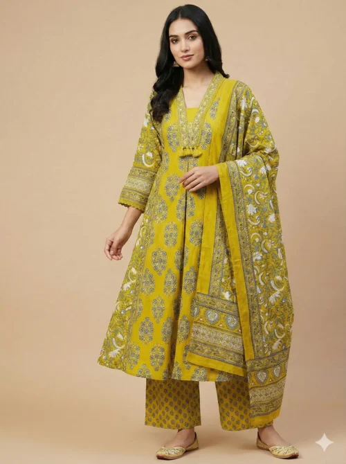 Elegantly Printed Green Kurta with Plazzo & Dupatta - Elegantly Printed Green Kurta with Plazzo & Dupatta - Kottons Elegantly Printed Green Kurta with Plazzo & Dupatta
