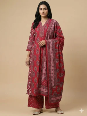 Elegantly Printed Red Kurta with Plazzo & Dupatta
