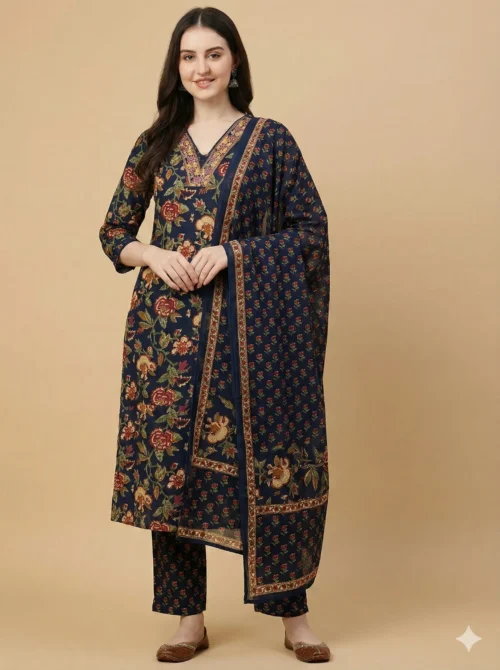 Beautiful Blue Color Beautifully Printed Jaipuri Kurta with Pant and Dupatta